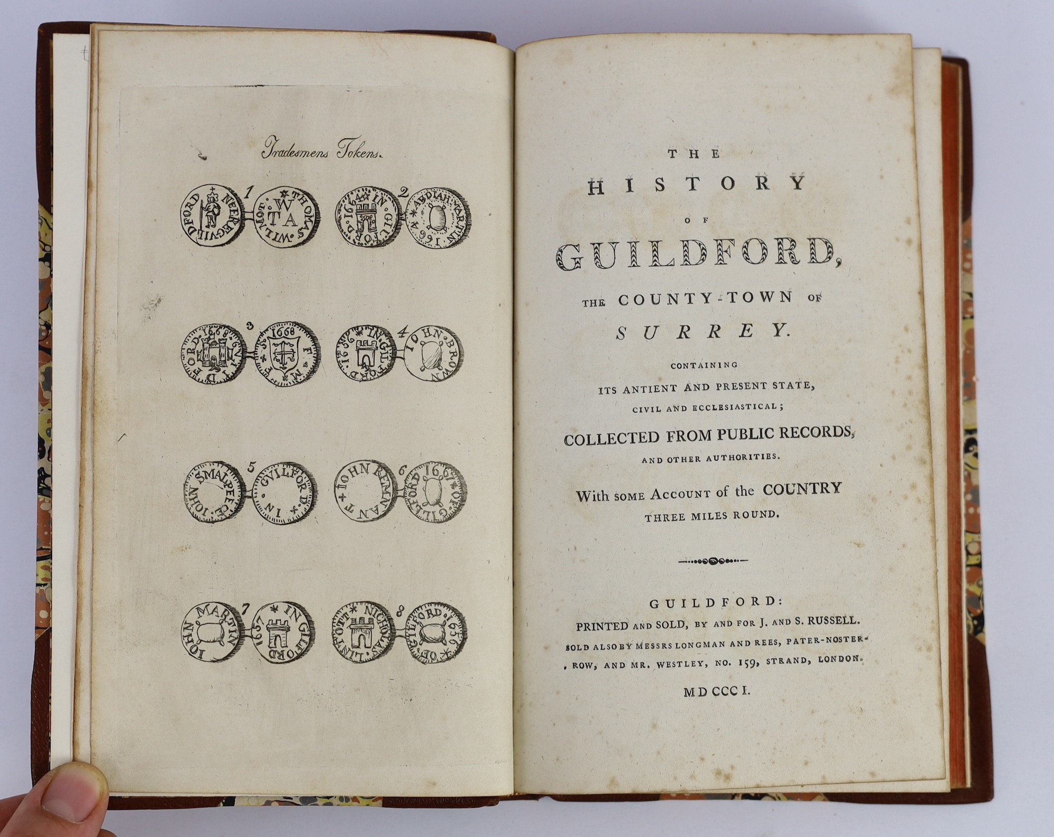 GUILDFORD: (Russell, John) - The History of Guildford, the County-Town of Surrey ... with some account of the country three miles round. 3 plates, text illus., half title: rebound half morocco and marbled boards. Guildfo